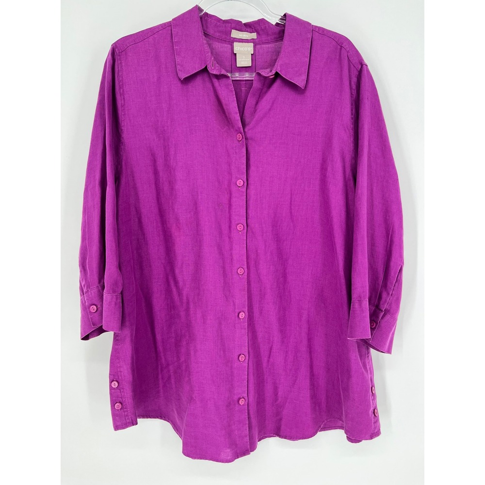 CHICO'S No Iron 100% Linen Button Down Womens Shirt XL Purple 3/4 Sleeve Coastal